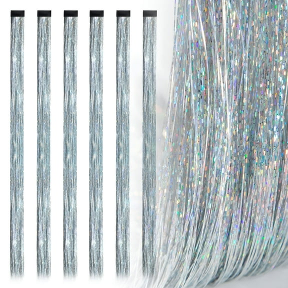 RAGUPEL 19.7 Inch Clip In Hair Tinsel Fairy Hair Tinsel Kit Clips Clip On Glitter Hair Tinsel Extensions Silver