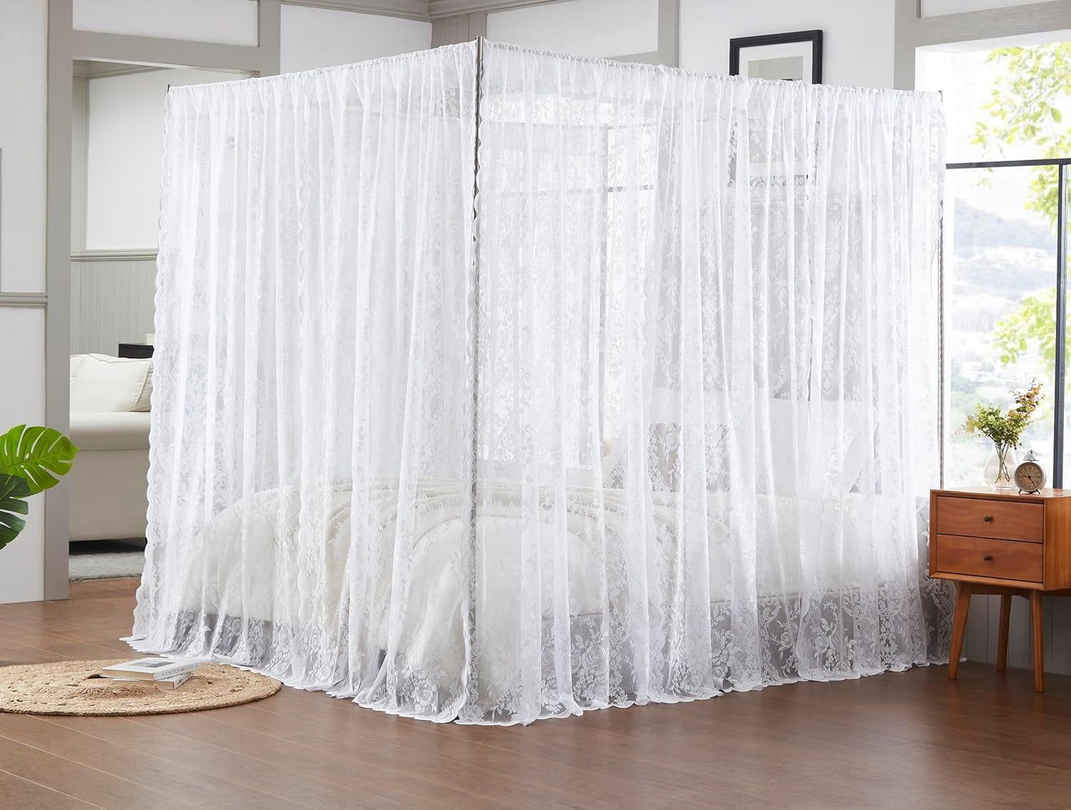 Warm Home Designs Lace Canopy Bed Curtains Set Consists of 8 48" x 78" White Canopy Curtains with Tie-Backs. LC White