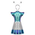 thumbnail image 3 of Xnihocha Kids Girls Alien Dress Holographic A Line Dress with Headband Space Man Dress up Outfit Blue 6, 3 of 7