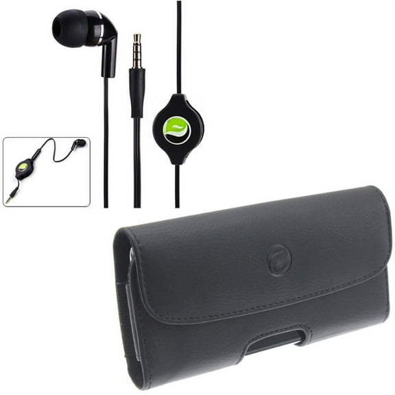 Compatible With Google Pixel 3a XL - Black Horizontal Leather Case w Retractable Headset MONO Hands-free Earphone Mic