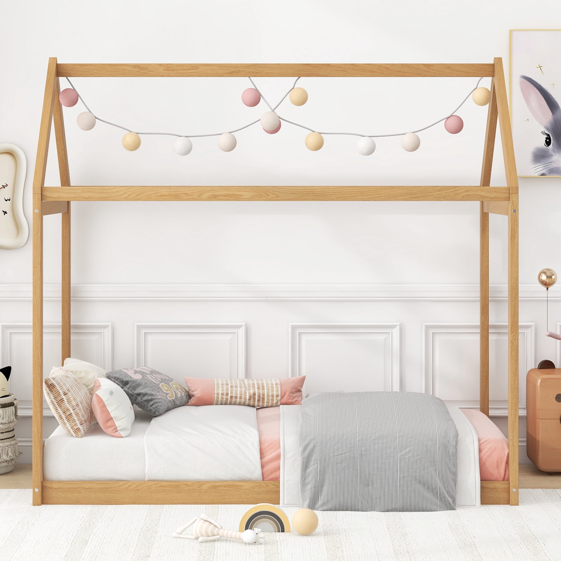 Twin House Bed, Wood Montessori Bed Frame with House Roof Canopy, Low Floor Bed with Sturdy Wood Slat Support for Kids Boys Girls, 400LBS Weight Capacity, No Box Spring Needed, Wood