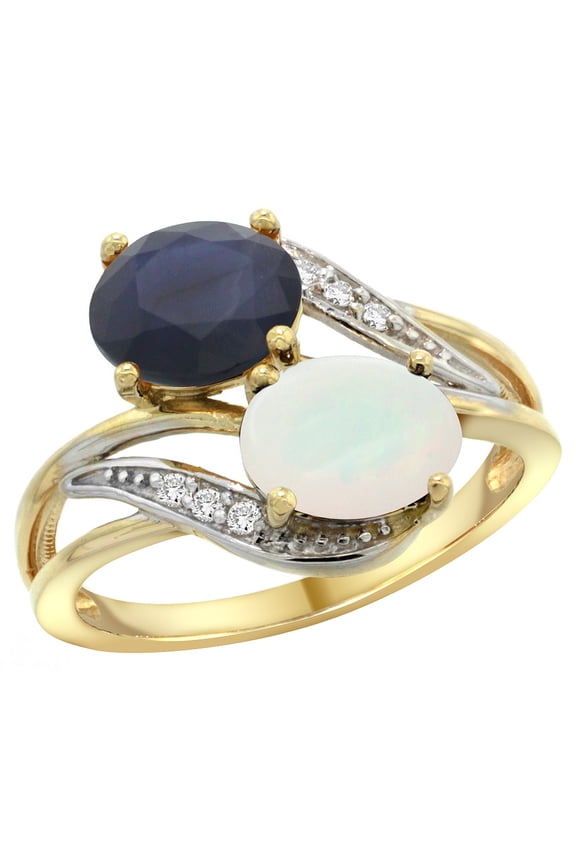 14K Yellow Gold Diamond Natural Opal & Australian Sapphire 2-stone Ring Oval 8x6mm, size 7.5