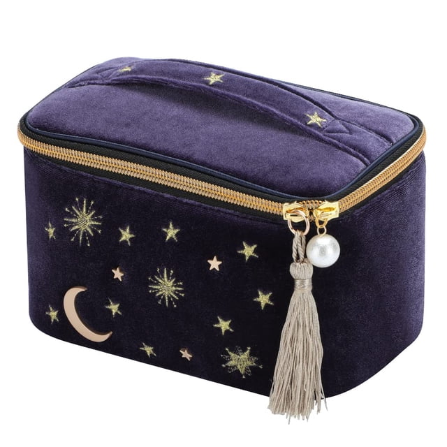 Bolsa de maquillaje cosmética SZZCX con estampado de estrellas lunares bordadas en terciopelo azul marino