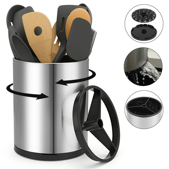 AOWOO Extra Large Kitchen Utensil Holder - 360° Rotating Stainless Steel Cooking Utensil Holder for Countertop, 3 Compartment Flatware Organizer & Utensil Caddy with Removable Base