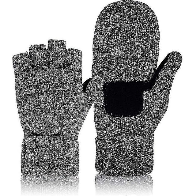 Winter Wool Blended Knit Fingerless Gloves Half Finger Mittens With Fleece Lining For Mens