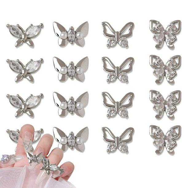 Adornos de mariposa plateada 3D para uñas, 12 piezas de aleación con forma de mariposa, brillantes cristales de circonita para decoración de uñas, accesorios para decoración de uñas.