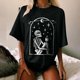 thumbnail image 4 of Puntoco Mujer Damas Mangas con hombros caídos Camiseta de manga corta suelta con estampado de calavera retro desgastado Puntoco Puntoco-4392, 4 of 6