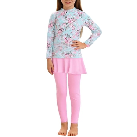 QNANSPI Girls 2 Piece Swimsuit Casual Beach Swimwear 4-16 Years Youth Girls Two-Piece Long Sleeve Swimsuit with Swim Skirt UPF Protection for Beach Pool Vacation