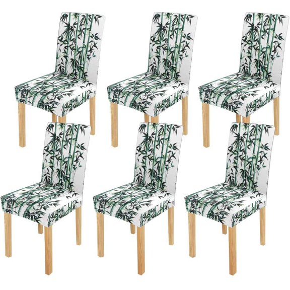 FMSHPON Bamboo Ink Painting Stretch Chair Cover Protector Seat Slipcover for Dining Room Hotel Wedding Party Set of 6