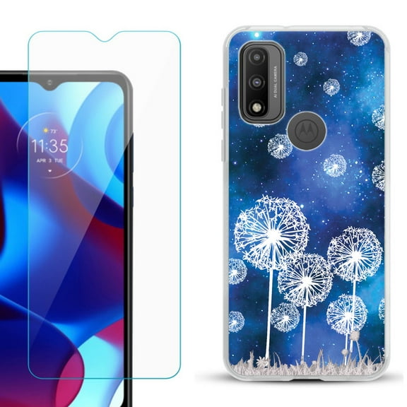 Slim-Fit Gel TPU Phone Case for Motorola Moto G Pure, with Tempered Glass Screen Protector, by OneToughShield ® - Dandelion Stars