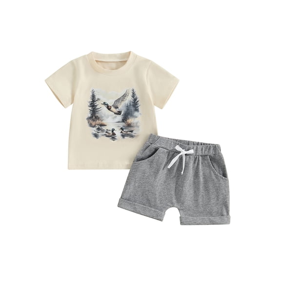 Toddler Baby Boy Summer Outfits 6 12 18 24 Months 2T 3T 4T Duck Print Round Neck Short Sleeve Tops with Solid Shorts Clothes Set
