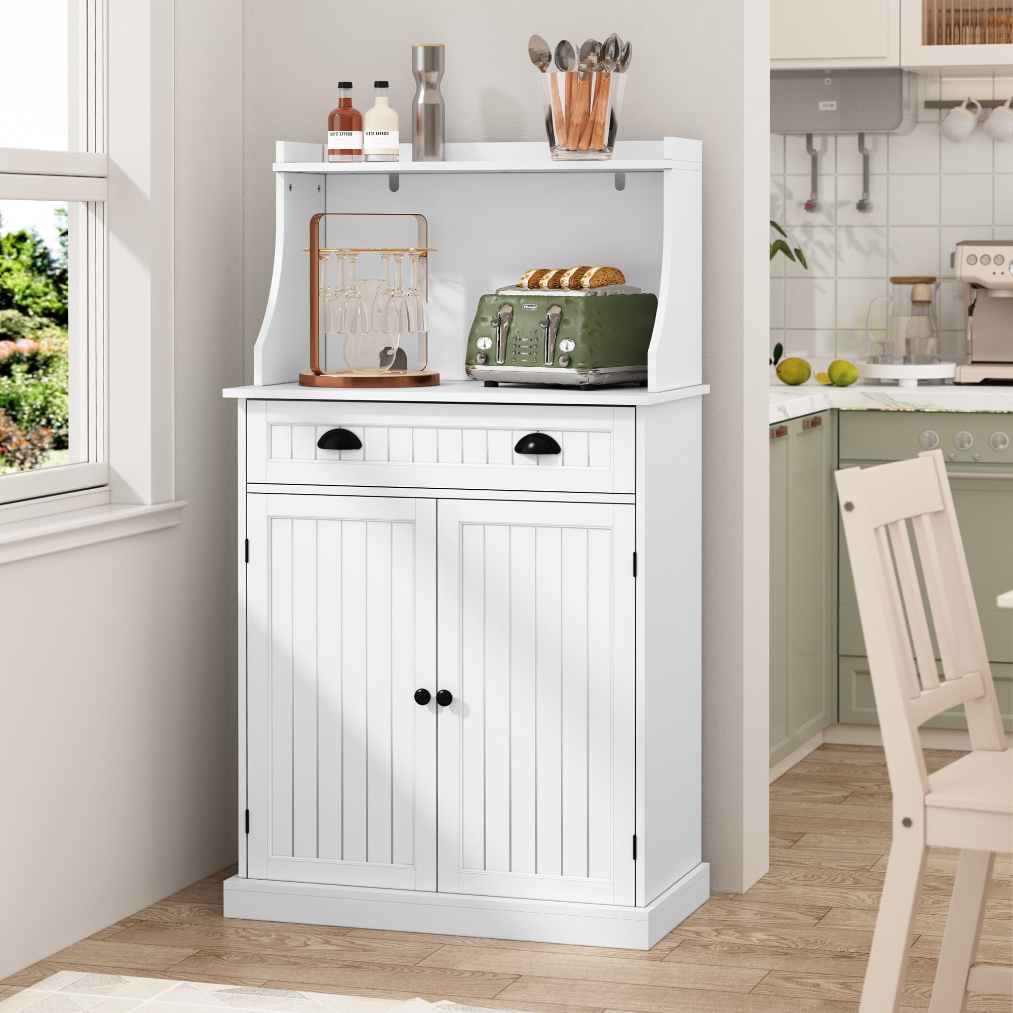 CBJCBJ 54" Kitchen Pantry Cabinet with Door & Shelves, Sideboard Buffet Cabinet with Microwave Stand for Dining Room, White