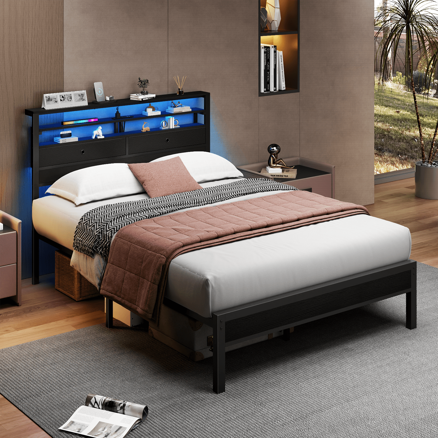 BYT Full Size Bed Frame with 2 Storage Drawers Headboard, LED & Charging Station, Black oack
