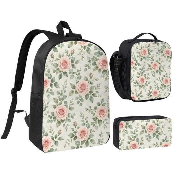 Pink Rose Backpack Set 3pc Including Backpack, Lunch Bag and Pen Bag Combination