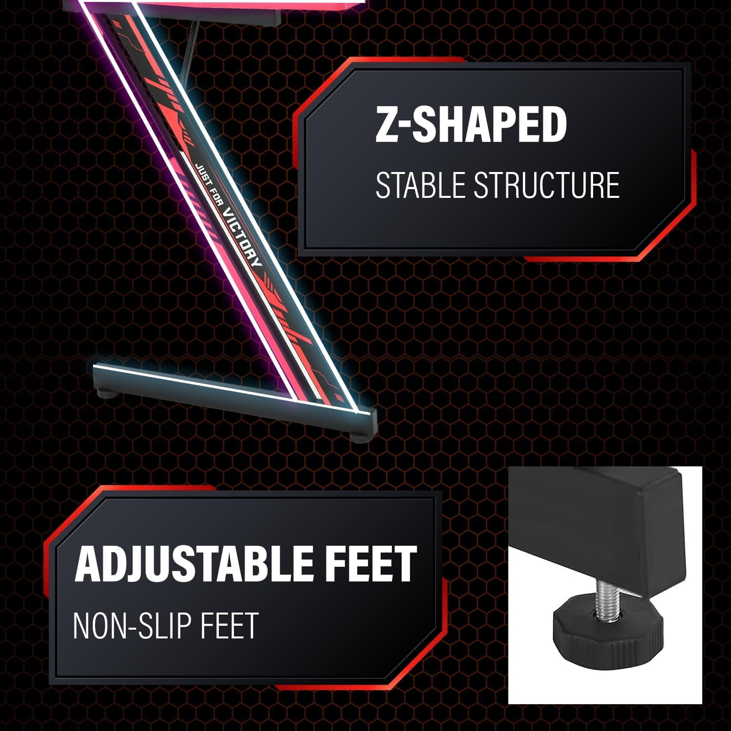 47 Inch Gaming Desk Z-Shaped Table with Headphone Hook & Carbon Fiber Surface - Ergonomic Computer Desk for Home Gaming, Office Work, Study，Black & Red
