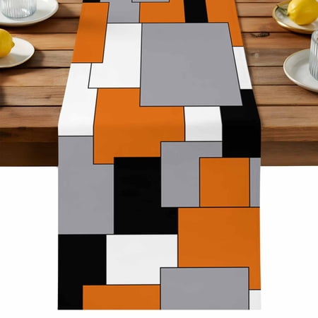 Abstract Art Table Runner Orange Black Gray Splice Cotton Linen Table Cloth Tablerunner for Kitchen Dining Party Wedding Home Decor 13x60 Inch