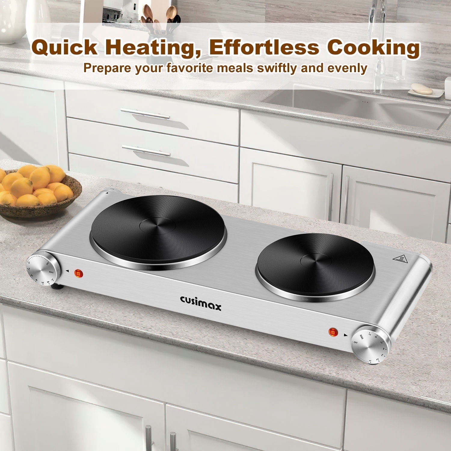 Cusimax 1800W Stainless Steel Electric Hot Plate Double Burner For Coking,Cast Iron Countertop Cooktop(Silver)