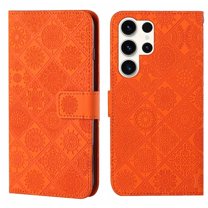 For Samsung Galaxy S25 Ultra 5G 6.9" Ethnic Wind Embossed Strong Magnetic Attachment/Closure, Card Slots/Pocket, PU Leather Flip Wallet Case ﻿,Orange,For Galaxy S25 Ultra 5G