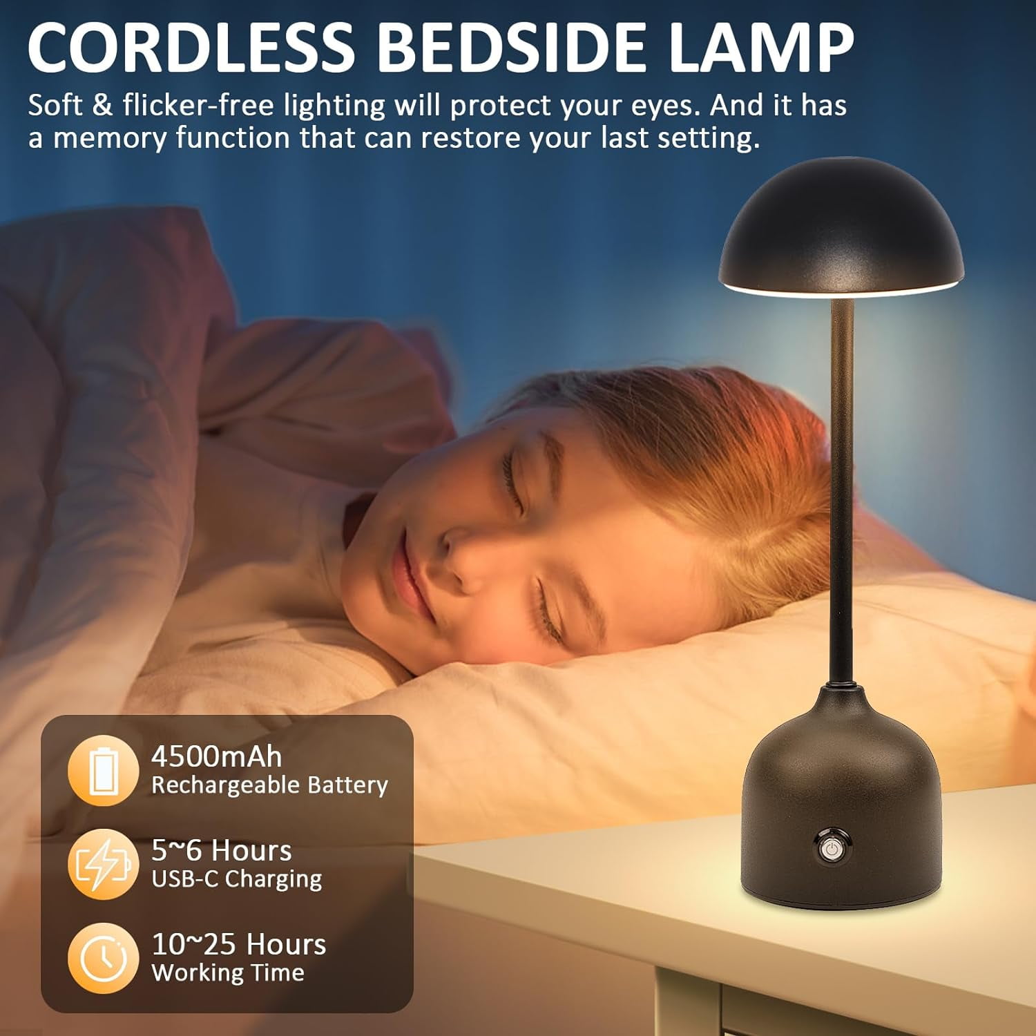 Yoobao 1 Pack Portable LED Cordless Table Lamp Light Rechargeable, 4500mAh Battery Operated Desk Lamp, 3-Color Stepless Dimmable Bedside Touch Lamps for Living Room Bedroom Nightstand Home