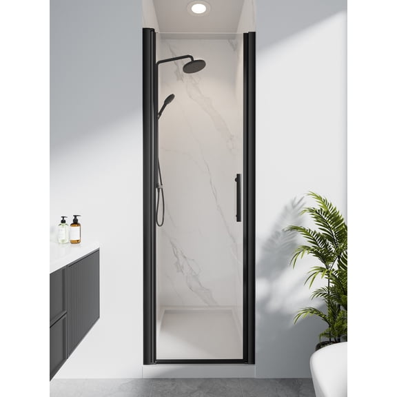 YOKWOK 24-26" W x 72" H Frameless Hinged Pivot Shower Door, 1/4"(6mm) Clear Tempered Glass Pivot Swing Shower Glass Door, 180° Inward & Outward Opening, Reversible Installation with Handle, Black