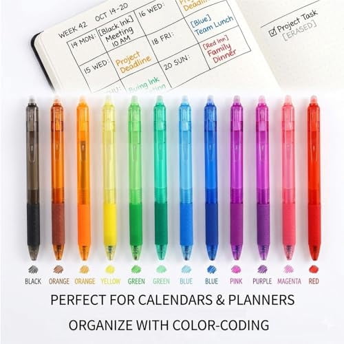 12 PCS Multi-color Erasable Gel Pens Built-In Erasers, Erasable Colored Pens Gel Ink, Fine Point 0.7mm, Smooth-Flowing Retractable Erasable Design, for Note Taking, Planner, Drawing