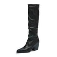 thumbnail image 5 of Womens Slip On Leather Knee High Boots Wide Calf Pointed Toe Chunky Heel Slouchy Knee Length Tall Riding Boots Black Size 5.5, 5 of 6