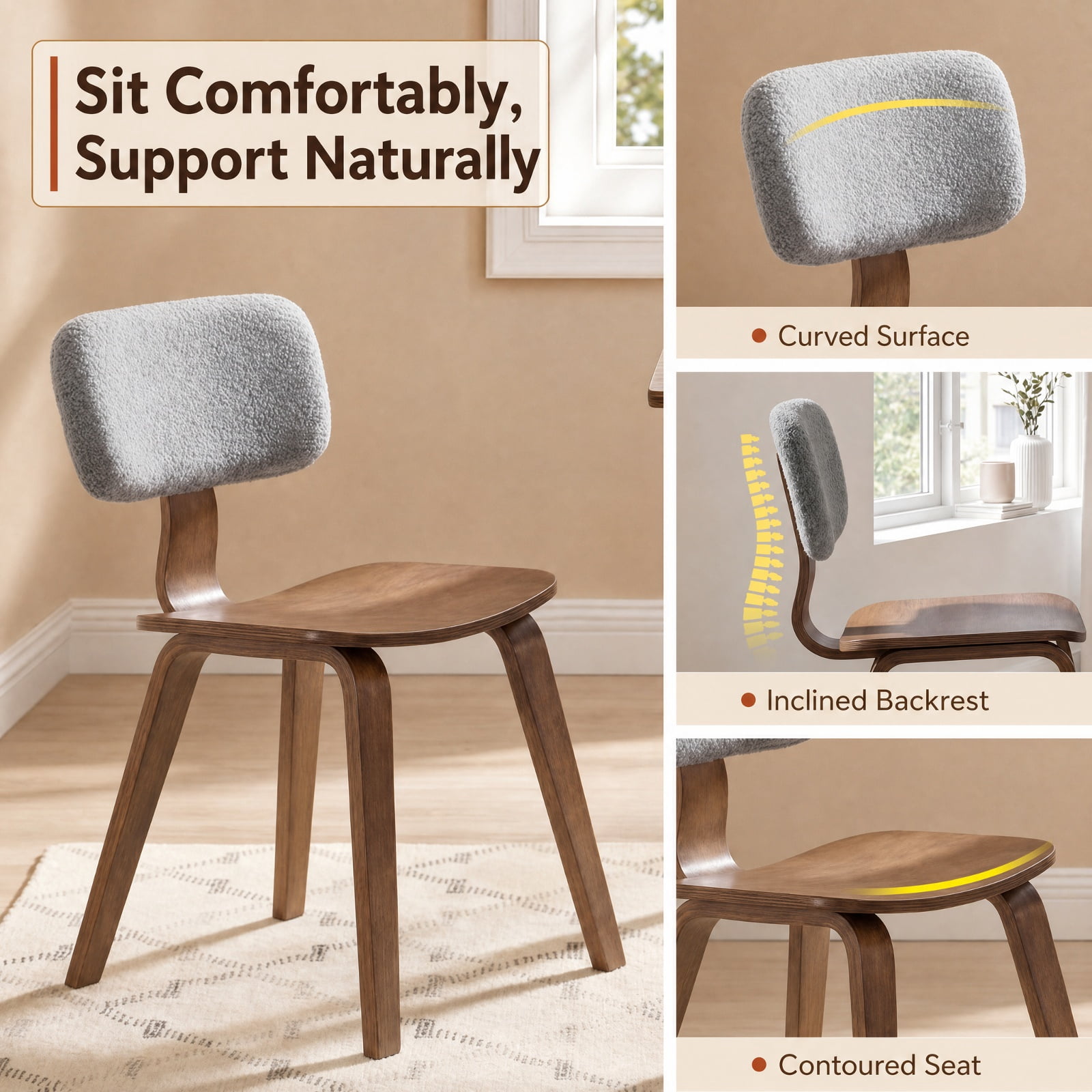 Furnibear Set of 2 Upholstered Dining Chairs with Teddy Velvet Padded Curved Backrest, Solid Rubber Wood Frame,Armless for Kitchen and Dining Room, Grey and Walnut