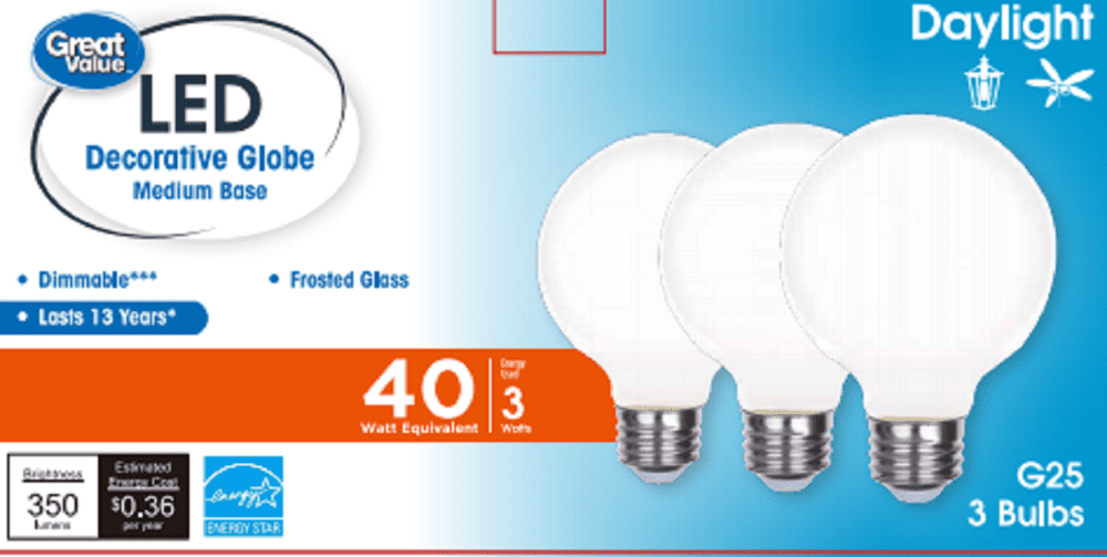 Great Value Glass LED Globe 3W Daylight 3 Count