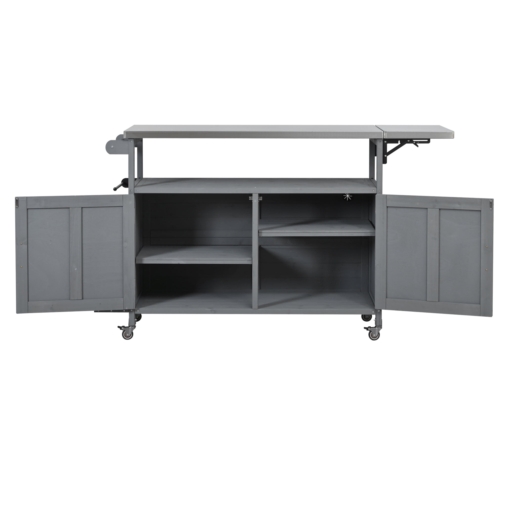 Harper & Bright Designs Outdoor Extendable Kitchen Island with Wheels, Patio Kitchen Cart with Foldable Stainless Steel Top, Portable Prep Station with Storage Cabinet and Towel Rack for Garden, Grey