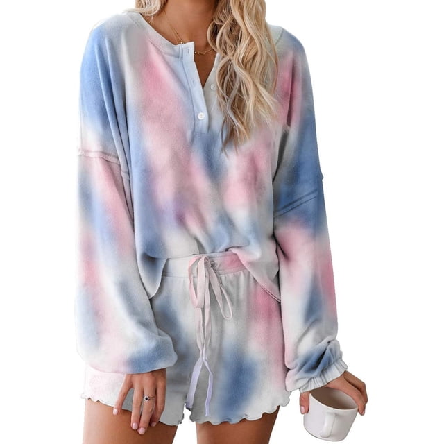 Conjunto de pijama de 2 piezas con estampado tie dye y volantes cortos para mujer, conjunto de top y pantalones cortos de manga larga