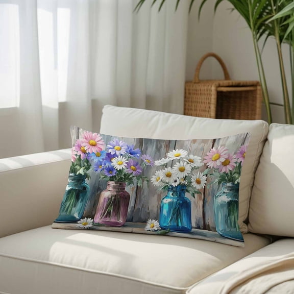 Rustic Flower Vase Retro Wood Throw Pillow Covers, Decorative Pillow Covers With Hidden Zipper Soft Brushed Microfiber Fabric, White Pink Purple Daisy Floral Pillowcases for Couch Bed 12x20in