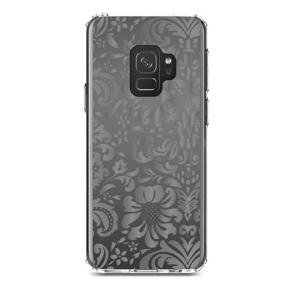 DistinctInk Clear Shockproof Hybrid Case for Samsung Galaxy S9 (5.8" Screen) - TPU Bumper, Acrylic Back, Tempered Glass Screen Protector - Shades of Grey Floral Pattern