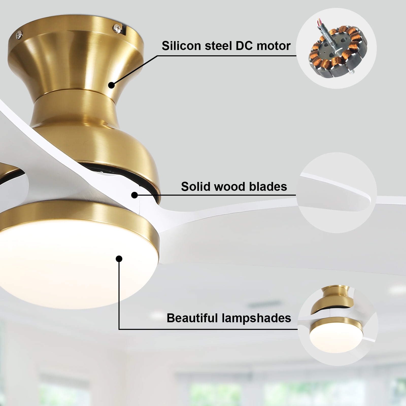 Sofucor 52" Gold Modern Ceiling Fan with LED Light and Remote Control