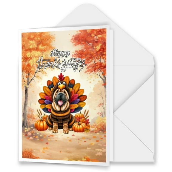 Happy Thanksgiving Chinese Shar-Pei Turkey Costume Pumpkins Autumn Leaves 5x7in Folded Greeting Card Dog Lover Single Note Card with Envelope - 13014