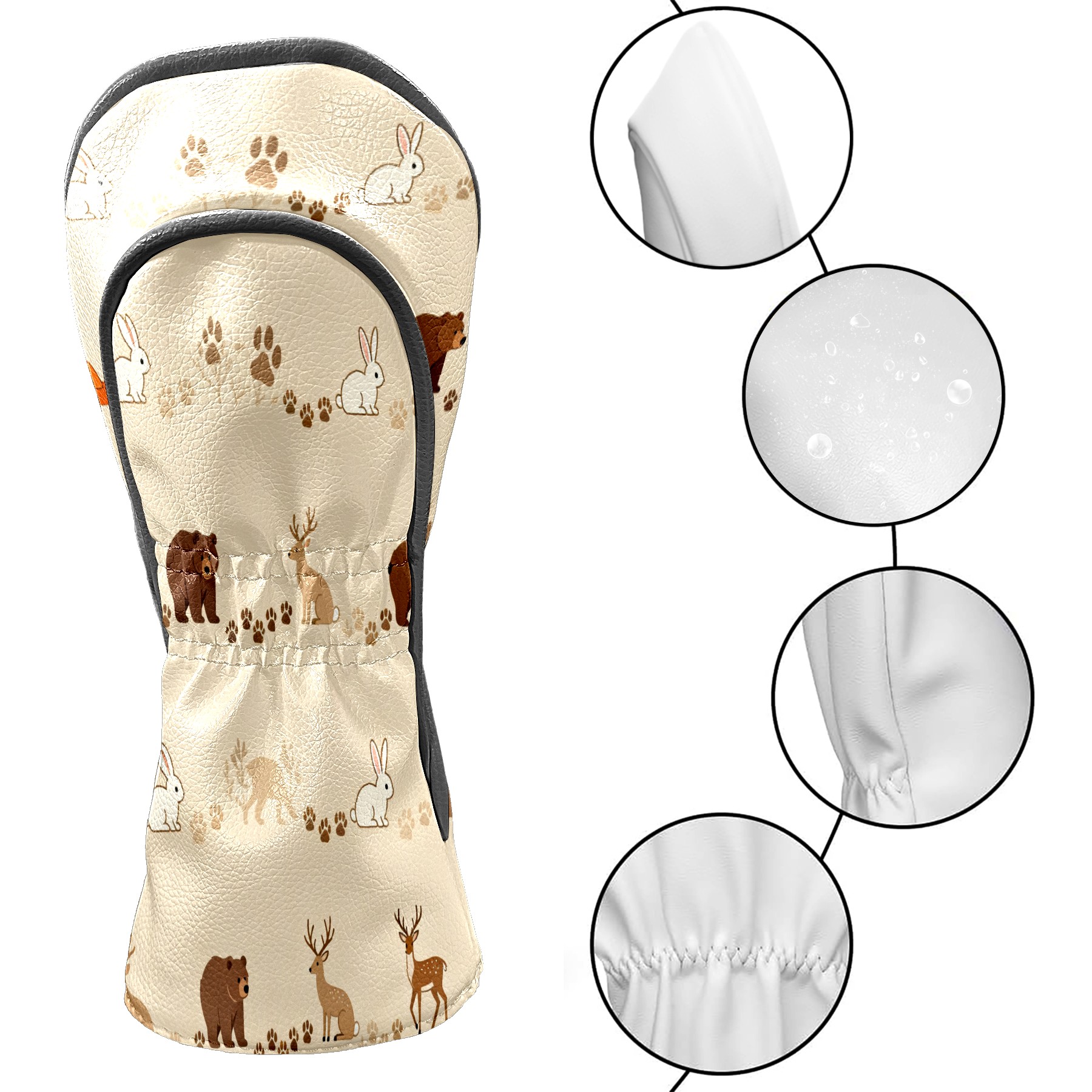 Golf Club Covers, Beige ForestAnimal Premium PU Leather Driver Hybrid Putter Head Covers with Velvet Lining, Waterproof Golf Gifts for Men Women