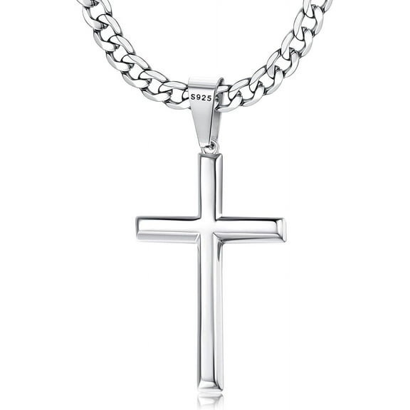 925 Sterling Silver Cross Necklace Beveled Edge for Men Women 5mm Stainless Steel Diamond Cut Durable Cuban Link Curb Chain Crucifix Pendant Necklace Jewelry 16-30 Inches
