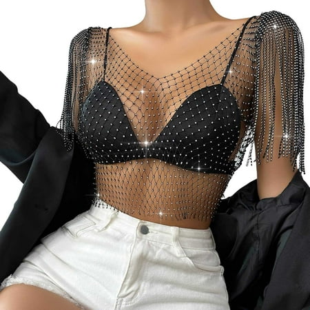 Youmylove Womens Tank Tops 2025 Rhinestones Crop Tank Top Sleeveless Fringe Shawl Wrap See Through Bikini Cover Up Sparkly Body Chain Slim Versatile Outfits