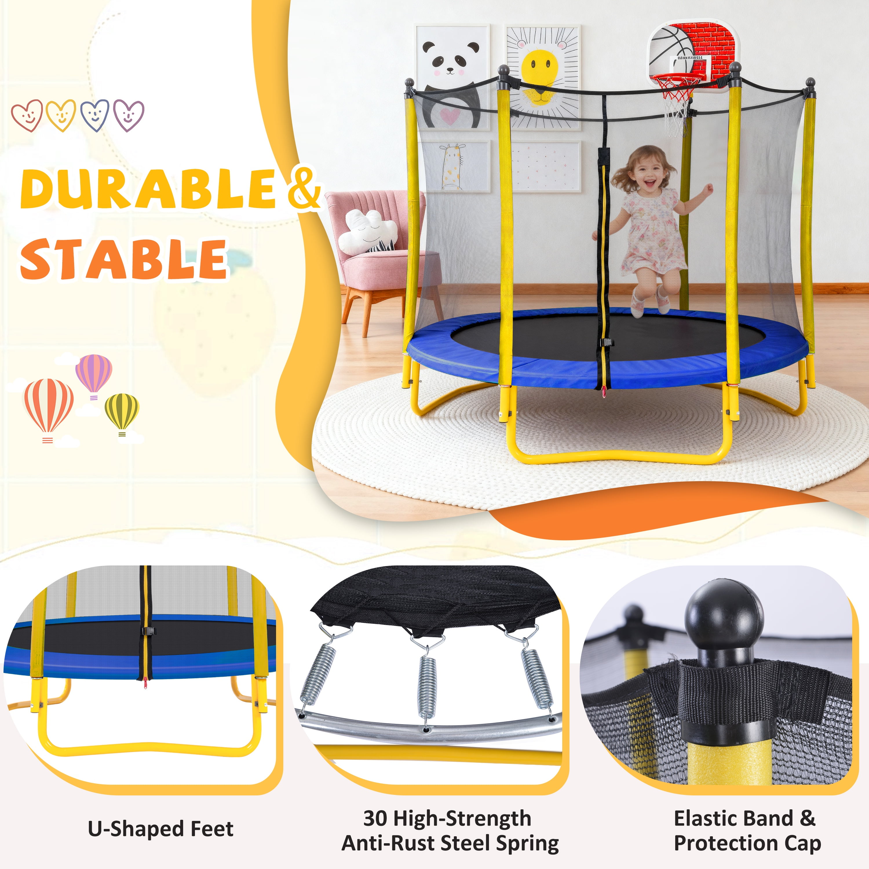 5.5FT Trampoline with Safety Enclosure for Kids, SEGMART Toddler Trampoline with Basketball Hoop, Kids Trampoline with Jumping Mat, Mini Trampoline, Indoor Trampoline, Gifts for Boys Girls, 220LBS