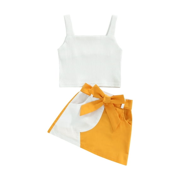 Franhais Little Girls Two-Piece Outfits, Solid Color Wide Shoulder Strap Tank Tops + Patchwork Waist Belt Pockets Skirt