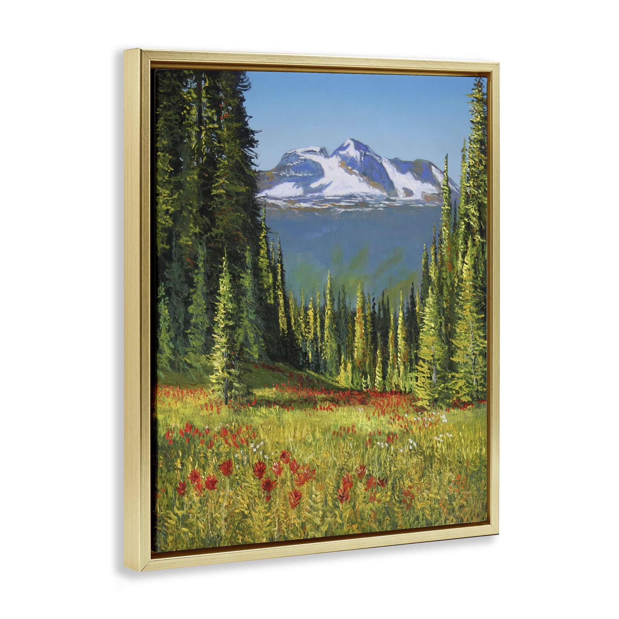 Stupell Industries Alpine Valley Meadow Landscape & Nature Painting Gold Floater Framed Canvas Art Print Wall Art, 17 x 21