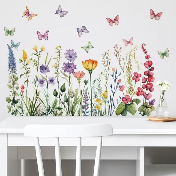 Watercolor Floral Wall Decals, Garden Flowers and Butterflies Wall Stickers, Pink Purple Yellow Nursery Room Decorations