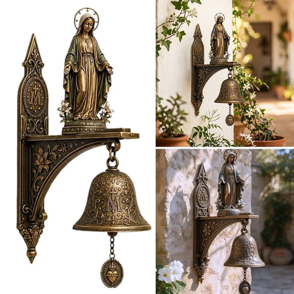 Our Lady of Grace Wall Bell, Bronze Finish Virgin Mary Hanging Decor, Home Decoration for Porch, Garden & Prayer Space Gift(1Pcs)