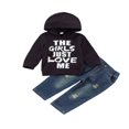 thumbnail image 1 of Toddler Letter Print Hoodie Pullover Hooded Sweatshirt Ribbed Denim Pants Set, 1 of 6