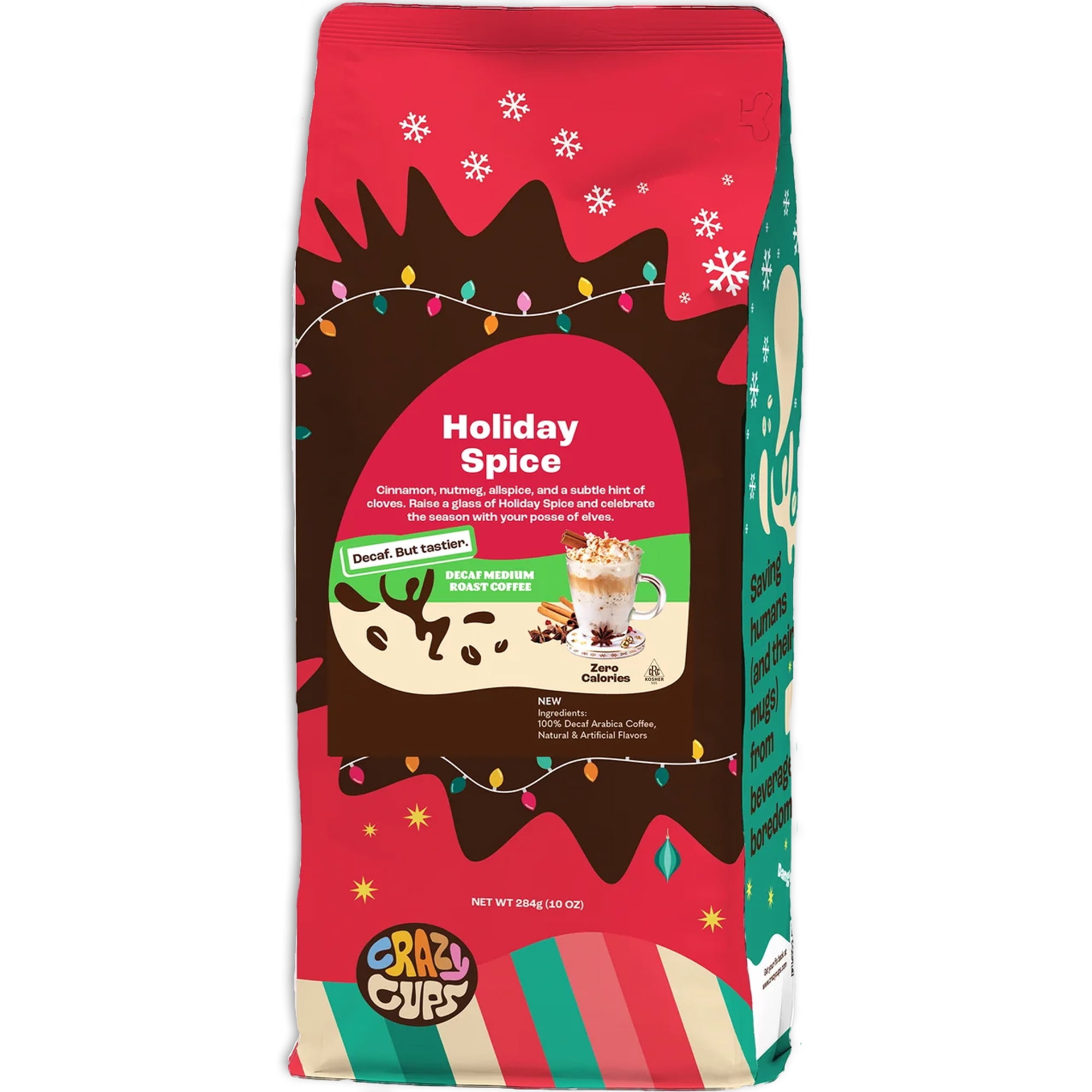Crazy Cups Flavored Ground Decaf Holiday Coffee, Decaffeinated Holiday Spice Coffee in 10 oz Bag, For Brewing Flavored Hot or Iced Coffee