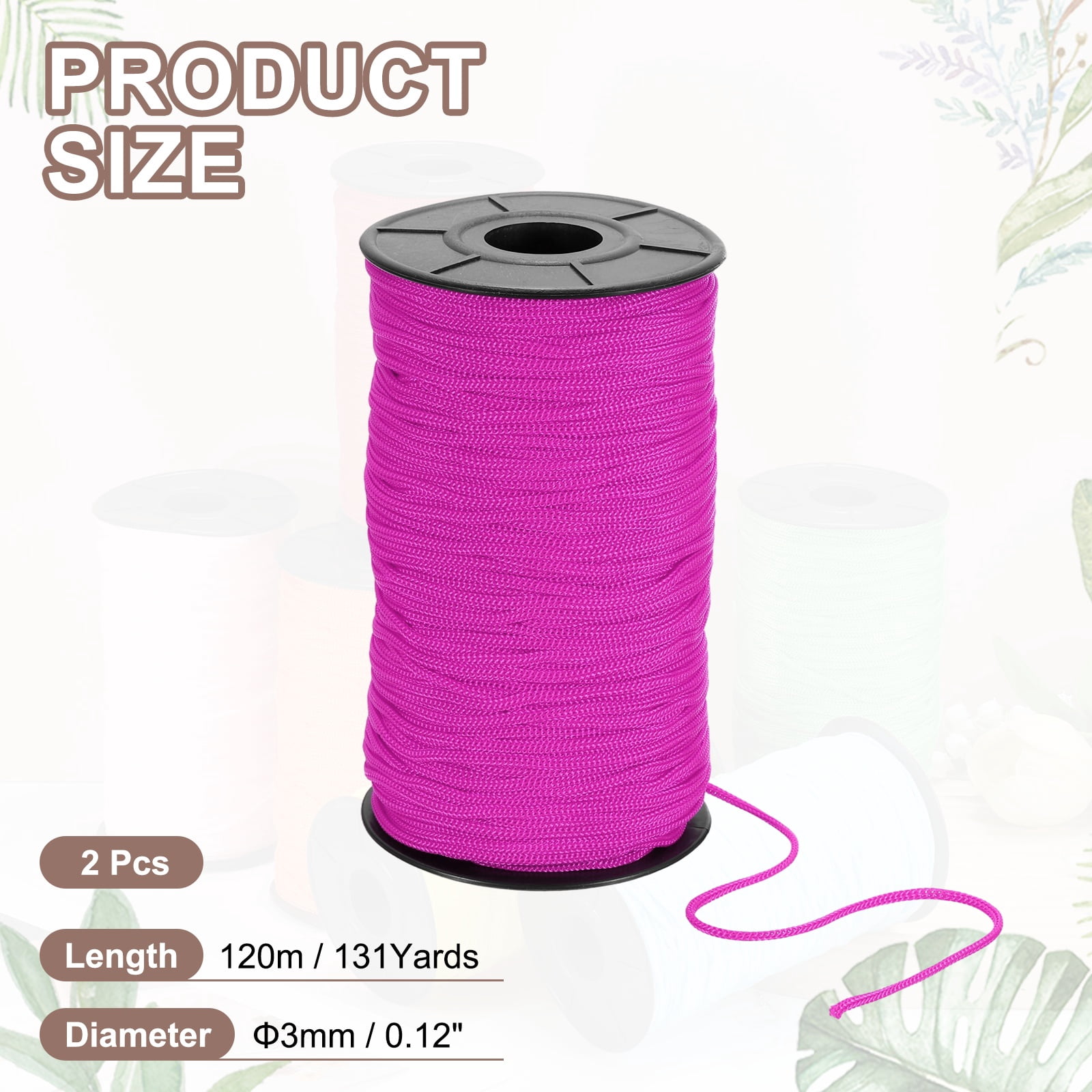 Uxcell 2 Pcs Polyester Macrame Cord, 3mm x 131 Yards Polypropylene Crochet Braided Rope Macrame Yarn for Wall Hangings Bag Craft Knitting, Purple Red