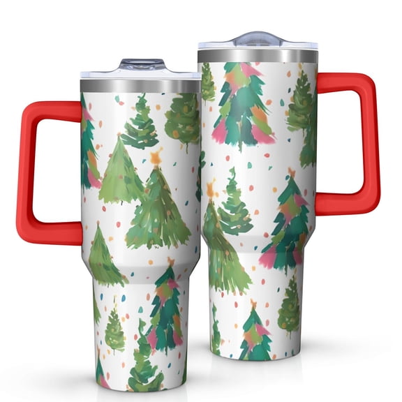 White Christmas Watercolor Tree Pattern Tumbler with Handle and Lid,40oz Double Wall Vacuum Insulated Tumbler,Cups Gift for Women and Men