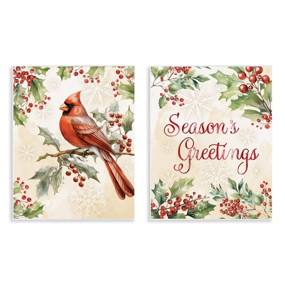 Stupell Industries Season's Greetings and Cardinal 2 Piece Wall Plaque Art Set, design by Nicole DeCamp, 14 x 11