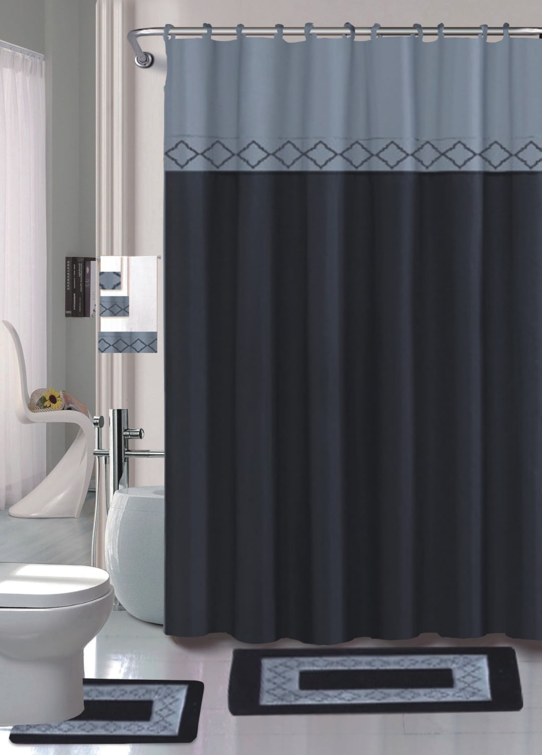Blue Gray Grey Geometric 15 pc Shower Curtain Set Fabric Hooks 72 Inch Bath Rugs