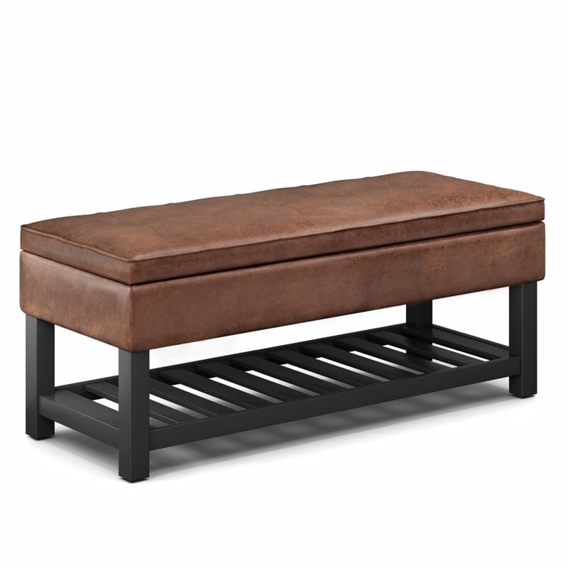 Simpli Home Cosmopolitan Faux Leather Storage Bench in Distressed