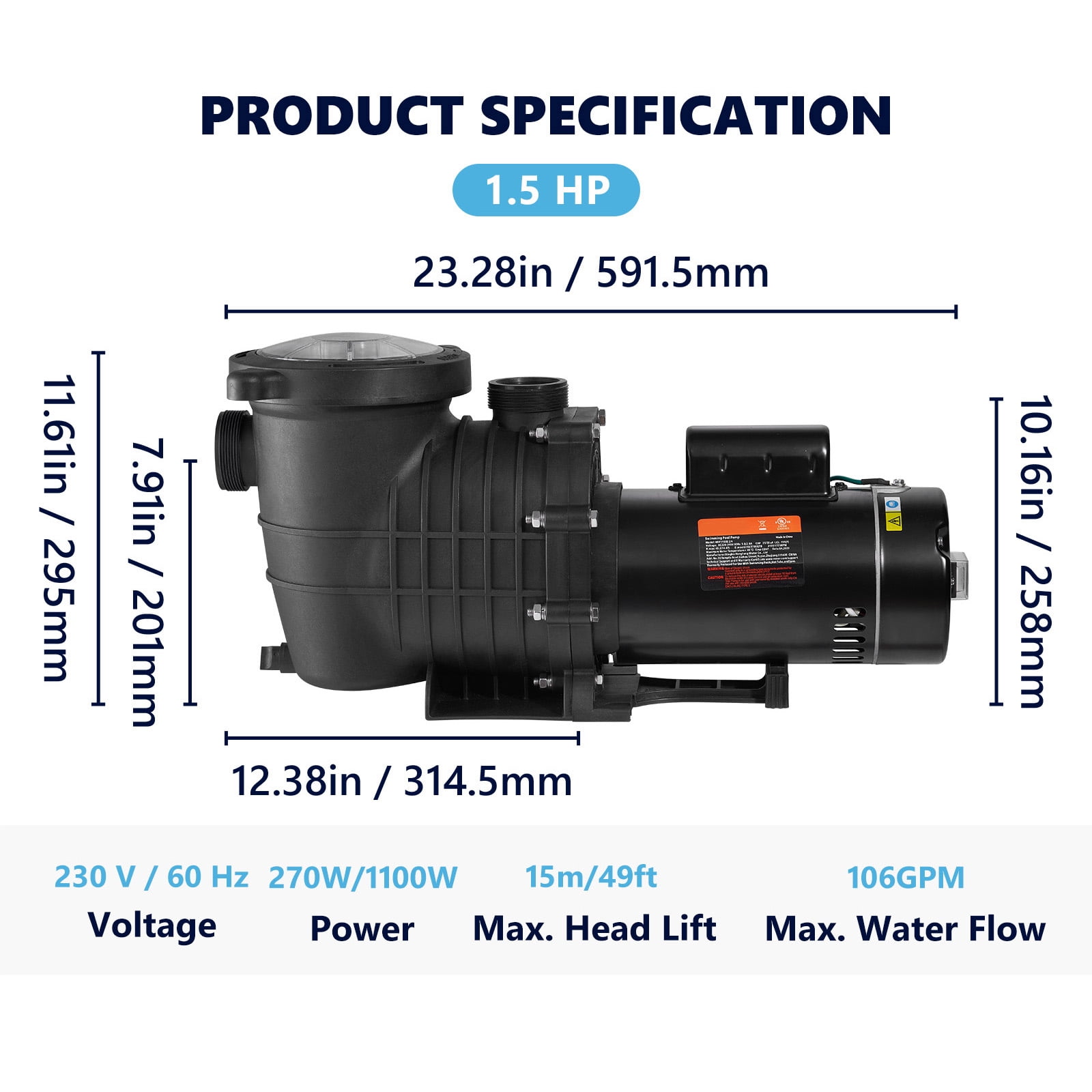 VEVOR Swimming Pool Pump, 1.5 HP 230 V, 1100 W Double Speed Pump for in/Above Ground Pool w/ Strainer Basket, 5400 GPH Max. Flow, Certification of ETL
